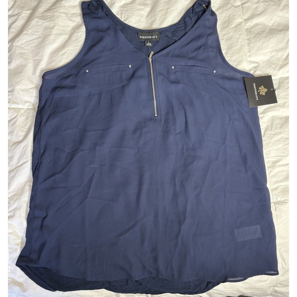 Fortune & Ivy Lighton Zip Blouse Navy Sleeveless Tank Top Stitch Fix NWT XL